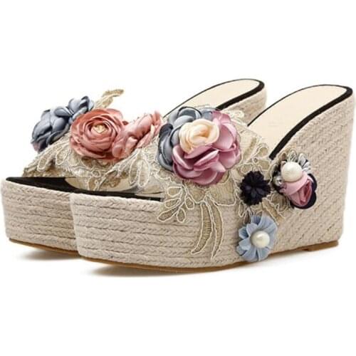 Summer new bohemian slope with hemp rope woven fish mouth slippers fashion pearl platform sandals
