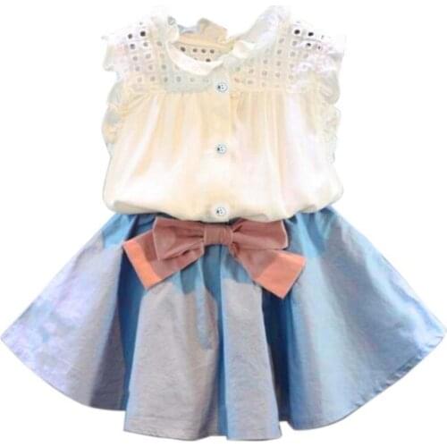 Hollow sleeveless Bowtie jacket skirt girls suit blue girls clothes summer 2018 kids clothes Kids girls set kids clothes