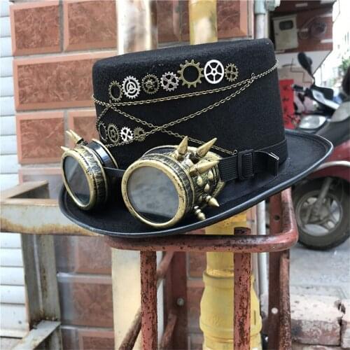 Men Women Handmade Steampunk Top Hat With Gear Glasses Stage Magic Hat Bowler Hat Size 57CM