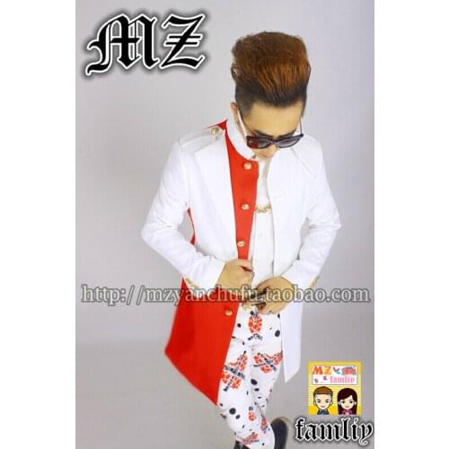 2020 Bigabng Gd Mens Brand Stage Singer Red And White Stitching Fake Two Long Coat The Nightclub Blazer Costumes Men Clothing