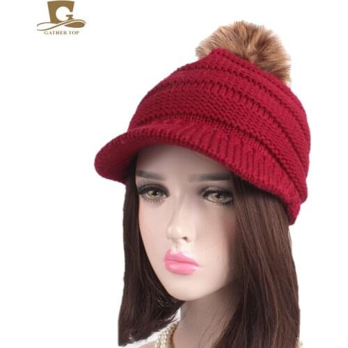 Ball Beanie Hat Women Knitted Woolen Cap with Visor Winter Warm Baseball Caps Fashion Solid Color Casual Knit Beanies Hats Pom