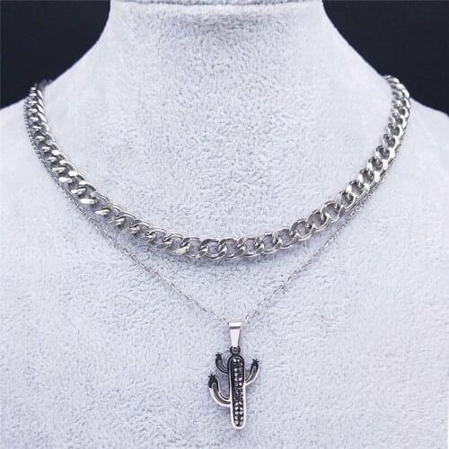 2PCS Cactus Stainless Steel Black Crystal Pendant Necklace Women Silver Color Statement Necklace Jewelry pendentifs N4861S03