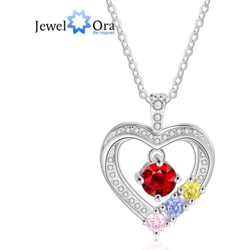 Romantic Customized 4 Birthstone Heart Necklaces & Pendants Personalized Jewelry Gift for Wife Lover (JewelOra NE103206)
