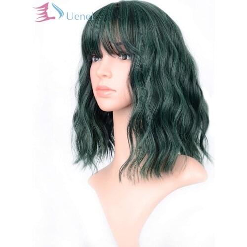 Uenel Short Bob Wig Pastel Wig With Women Wavy Synthetic Cosplay Wig Pastel Bob Wig for Girl Colorful Costume Wigs 12" Mix Green