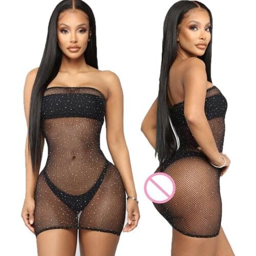 Transparent Sexy Dress Womens Mesh See-Through Diamond Decoration Dresses Crop Tops Casual Clubwear Mini Dress Sexy Lingerie
