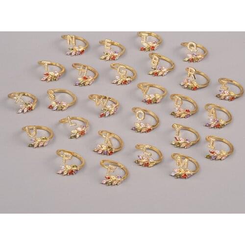 Adjustable A-Z Initial Ring Bohemian Copper Zircon Rainbow Letter Opening Ring for Women Girls Trendy Party Wedding Jewelry Gift