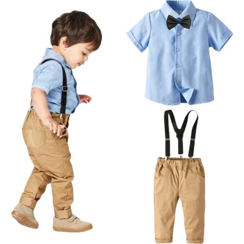 Baby Boys Little Gentleman Formal Banquet School Suit, Blue Bowknot Shirts with Suspender Pants Overalls New Style 2021