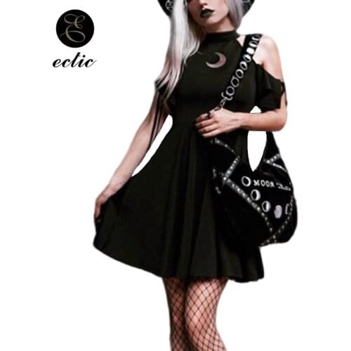 Sexy See Through Crescent Moon Hollow Lace Dress Black Dark Fashion Sukienka Empire Waist Dress Cold Shoulder Hipster Goth Dress