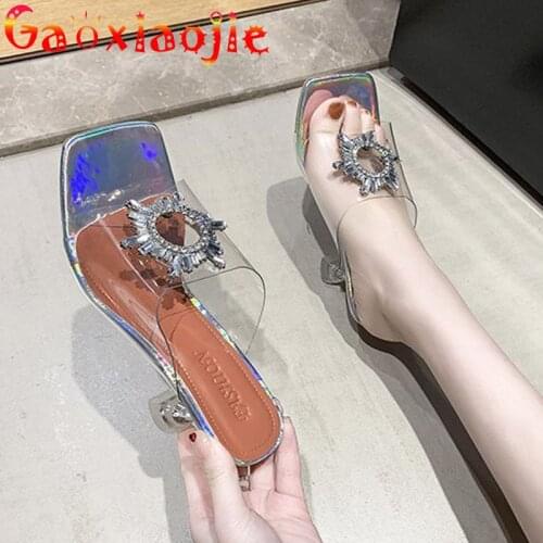 Fashion Women Luxury Diamond Slipper Sexy Transparent PVC Model Square End Sandal Summer 8CM Bride Wedding Party High Heel Shoes