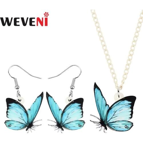 WEVENI Acrylic Cute Blue Morpho Butterfly Jewelry Sets Animal Insect Necklace Earrings For Women Girls Kids Trendy Gifts Charms