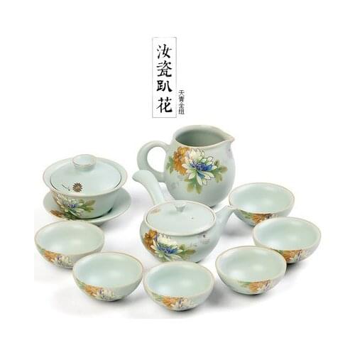 Japanese Kung Fu tea sets household ceramics Ru kiln teapot whole set gift boxes High-grade Ru porcelain