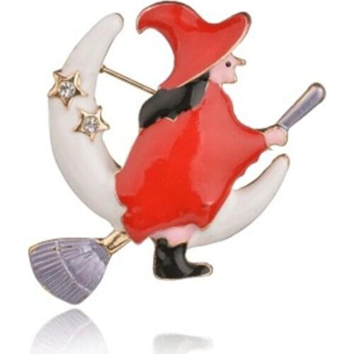 New Halloween Pin Brooches Zinc Alloy Broom Halloween Witch Red Enamel Brooch Jewelry For Women Girl Holiday Gifts 45mm, 1 Piece