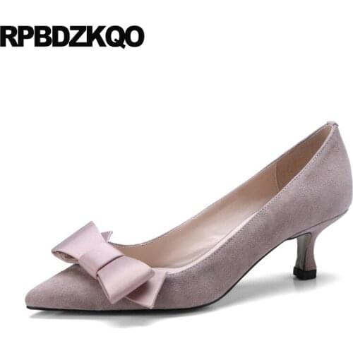 Bow Pointed Toe Gray New Pumps Pink Shoes Women Stiletto 2021 Casual Genuine Leather Thin Medium Heels Kitten Size 4 34 Suede