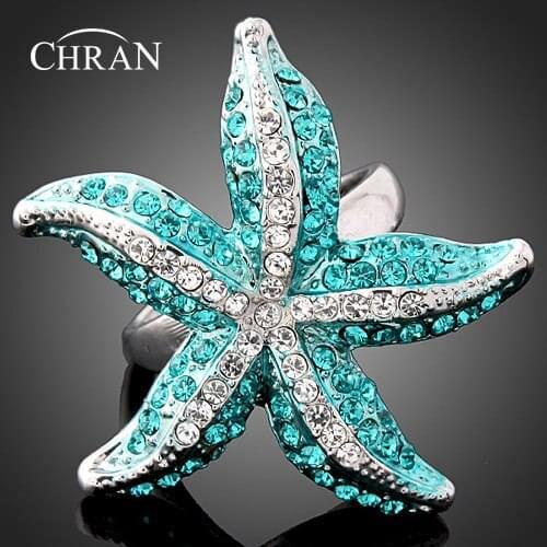 CHRAN Exquisite Silver Plated Sparkling Crystal Ladies Jewelry Ring Fashion Sea Star Design Promised Rings for Women