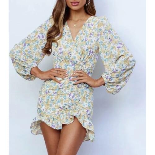 Sexy V Neck Ruched Dress Women Autumn Winter Long Sleeve Bodycon Dress 2021 Floral Print Ruffled Mini Dress Vestidos