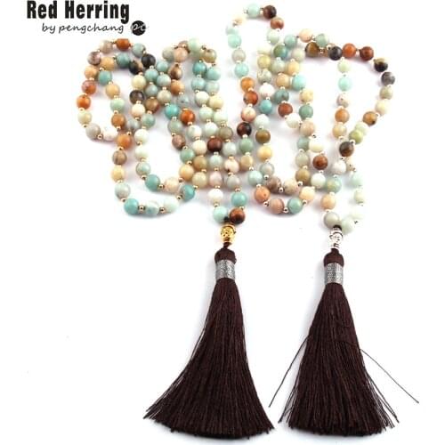 Fashion Bohemian Tribal Long Tassel Yoga Jewelry Amazonite Stone Buddha Necklace For Women Lariat Necklaces