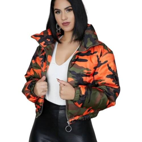 Winter Women Short Parkas High Collar Full Sleeve Zipper Camouflage Print Coat High Street Outer Night Club Jacket Tops 8061432
