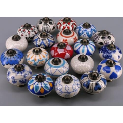 1x Various Models Ornate Blue Red Floral Ceramic Knobs for Cabinets & Cupboards - Hand Painted Pulls Handle