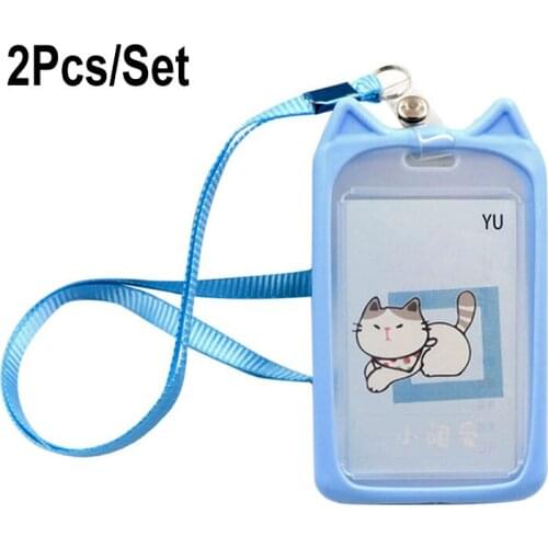 2Pcs Set Kawaii Cat ID Card Protection Cover Case Lanyard Badge Holder Kid School Student Company Office Exhibit Work Neck Strap