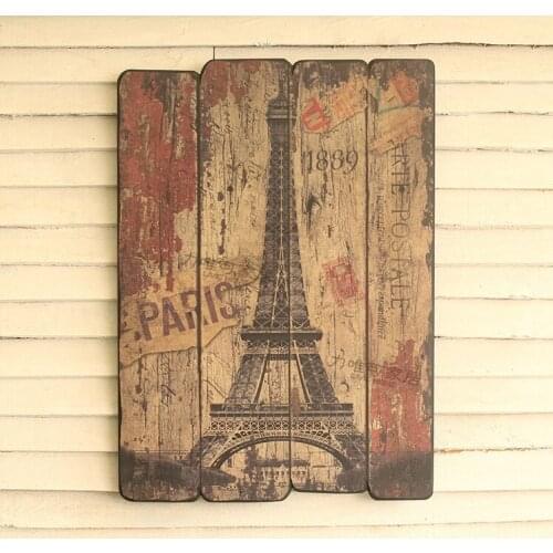 American antique do the old mural of New York Empire State Building, the Eiffel Tower, Big Ben, London wood painting decorative