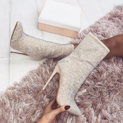 New Design Women Fashion Pointed Toe Bling Mid Calf Rhinestone Boots Crystal High Heels Boots Luxury Thin Heel Boots Female Shoe