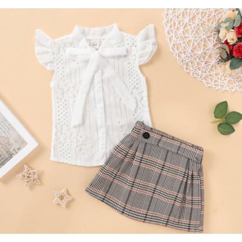 Kids Baby Girl Summer Clothes Lace Bowknot Tops+Tutu Plaids Skirt Outfit Set Fashion Children Girl Clothing