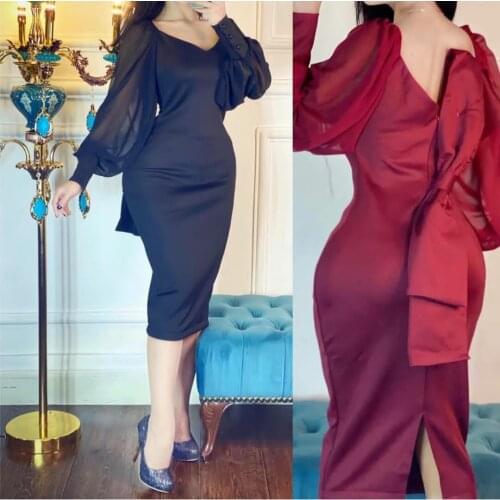 Elegant V-Neck Short Satin Evening Dresses with Sleeves Zipper Back with Bow Abendkleider Robes de Soirée for Women