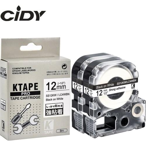 CIDY 2pcs adhesive LC4WBN LC 4WBN LC-4WBN9 / SS12KW 12mm Black on White for compatible epson cartridge ribbon LW300 LW400 SR150