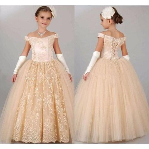 Princess Champagne Lace Party Pageant Gowns For Performance Costumes Off Shoulder Ball Gowns Long First Communion Dress Party