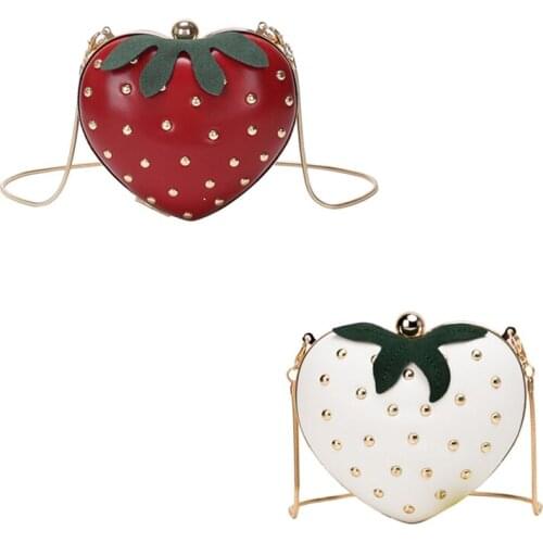 Cute Strawberry Heart Shape Pu Studs Fashion Lady Chain Wallet Clutch Bag Shoulder Bag Handbag
