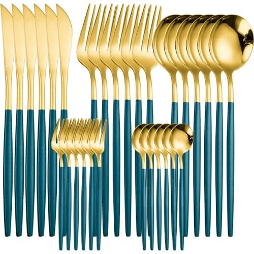 30Pcs Green Gold Cutlery Set Mirror Colorful Flatware Set Stainless Steel Dinnerware Set Kitchen Silverware Gold Tableware 6sets