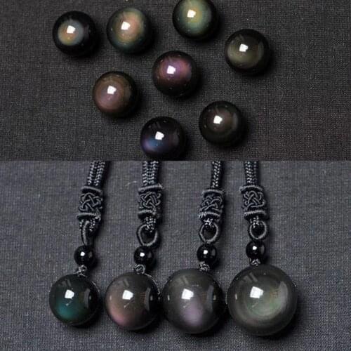 Natural Obsidian Rainbow Eye Transfer Good Luck Bead Pendant Necklace Polyester Rope Chain Necklace Jewelry For Woman