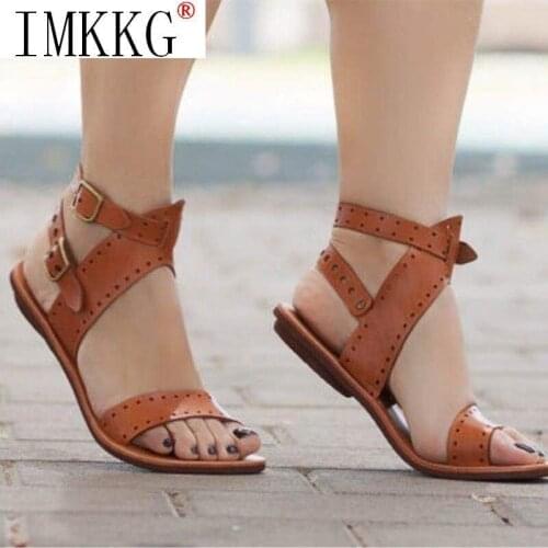 Plus Size 35-43 Women Sandals Flat Gladiator Leather Sandals Summer Shoes Woman Rome Style Double Buckle Casual Beach sandalias