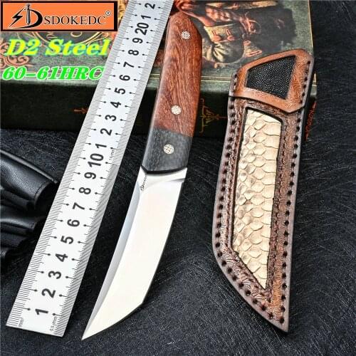 SDOKEDC SD802 D2 Steel Fixed Blade Knife Olneya Tesota Handle Hunting Knife Survival Tactical Self Defense Camping Knifes