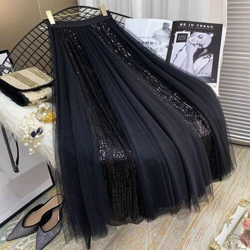2021 Spring Summer Wild Mesh Stitching Sequins Midi Skirts Women Korean Elastic High Waist Pleated Skirt Jupe Femme Y927
