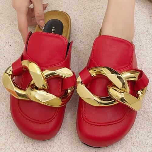 Womens Sandals 2021 Fashion Loafers Mules Shoes Beautiful Gold Chain Summer Flat Slippers（Size 35-42