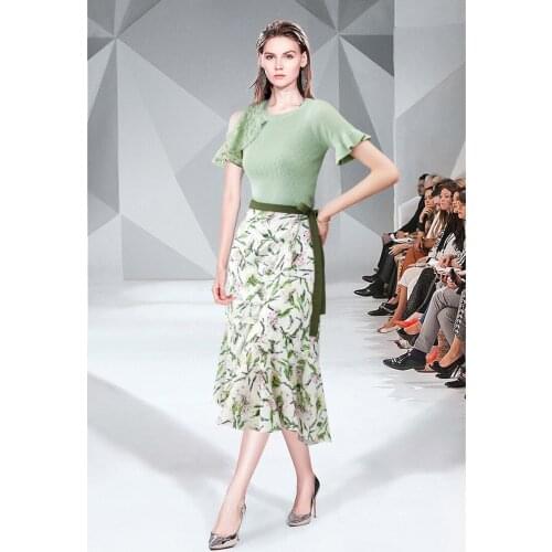 Women 2020 New Summer Dresses Two Piece Set Lace Elastic Waist O-Neck Elegant Dresses Short Office Lady Cotton Mid-Calf Floral