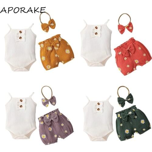 2021 0-12M Infant Baby Girl Clothing Ruffle Sleeveless White Solid Romper+Daisy Print Bow Shorts+Headband Summer Outfits 3pcs