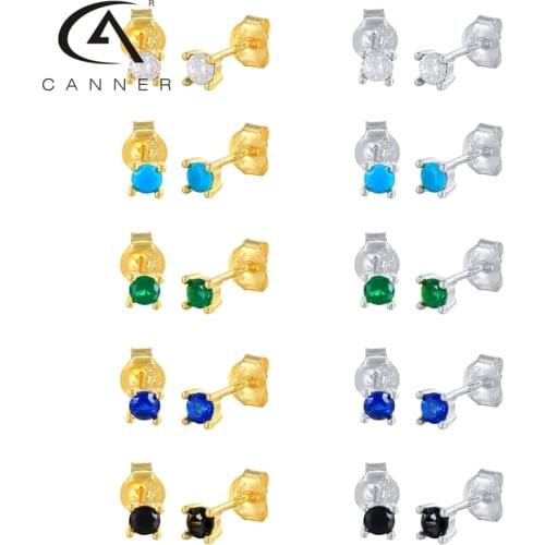 CANNER Real 925 Sterling Silver Colored Zircon Stud Earrings Women ear bone nail Mini Piercing Earring Simple Jewelry Pendientes