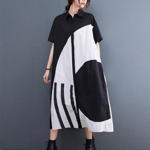 Black White Loose Fashion Blouse Dress Korea Design Patchwork Street Style Chic Girl Summer Dress Women Casual Long Shirts Dress