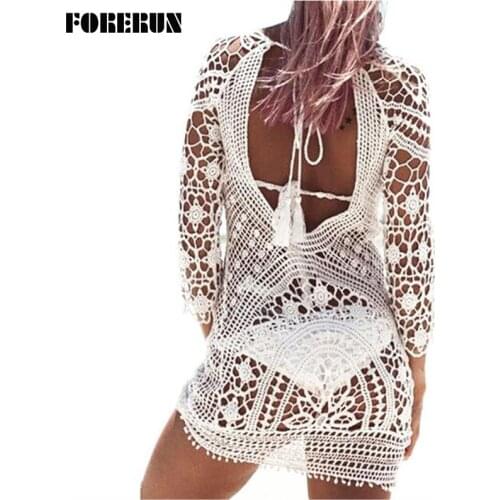 FORERUN 2017 Lace Dress Women Summer Beach Dress Vestido Sexy Backless Dresses Hollow Out Flower White Mini Robe Tunic