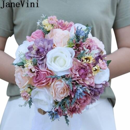 JaneVini Vintage Ramos De Novia Wedding Bouquets Bride Artificial Flowers Lace Artificial Rose Multi-color Bridal Bouquet 2020
