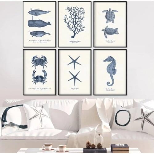 Nordic Retro Marine Animal Pictures for Dining Room Cartoon Decor Canvas Painting Wall Print Educational Materials Decor Posters