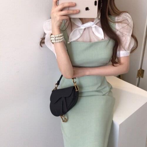 Korean Chic Fashion Bow collar Puff sleeve Micro-transparent Shirt + Green Slim Bodycon Spaghetti strap Dress Two piece set