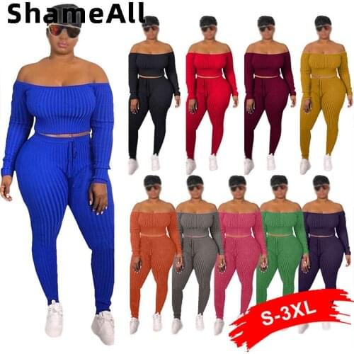 Plus size Gray Two Piece Set Club Outfits Ribbed Knitted Suit 3XL Long Sleeve Sashes Crop Top Skinny Pants Female Tracksuits Set