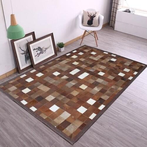 American style cowhide patchwork rug , big size genuine cow skin fur carpet, brown color plaid decorative leather office carpet