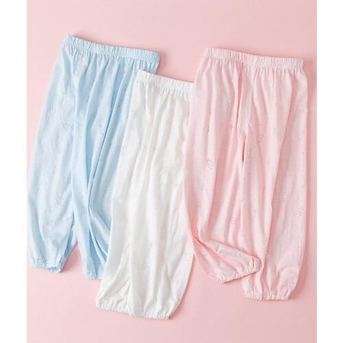 Summer Cotton Girls Pants Thin Breathable Elastic Pajamas for Boys Kids Blue Pink Childrens mosquito-Anti Pants for 6M-6Y