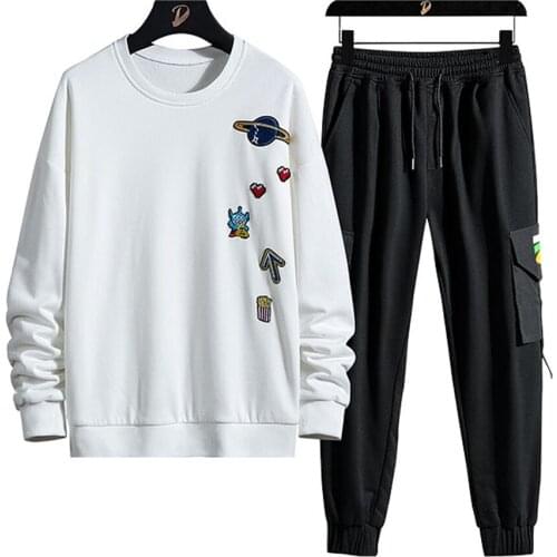 Mens Spring & Autumn Suit Casual Hoodie + Pants Plain Color Suit Pants Hip-hop Round Collar Youth Without Hood Jumper