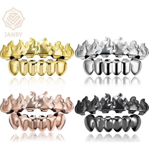 JANRY HIP Hop Fire Teeth Grillz Pot Weed Leaves Gold Color Plated Top & Bottom Gold Teeth Grills Sets For Men Women