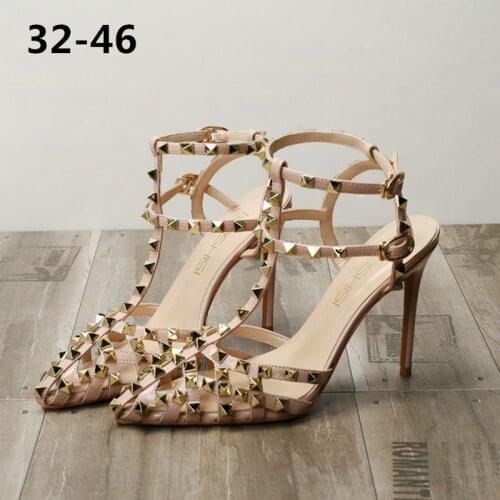 New Summer Patent Leather Sandals Hollow High Heels Metal Rivet Pointed Stiletto Heels Sexy Shallow Mouth Womens Shoes